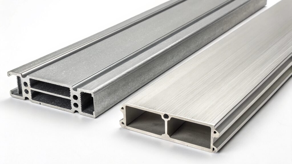 alt with keywords: handheld XRF analyzer being used on two different aluminum samples labeled 5052 and 6061